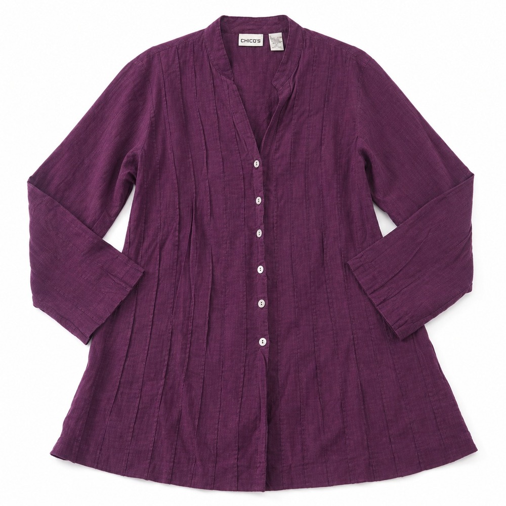 Chico's Button Up Shirt Womens Size 1 Purple Pintuck Tunic Coastal Grandmother
